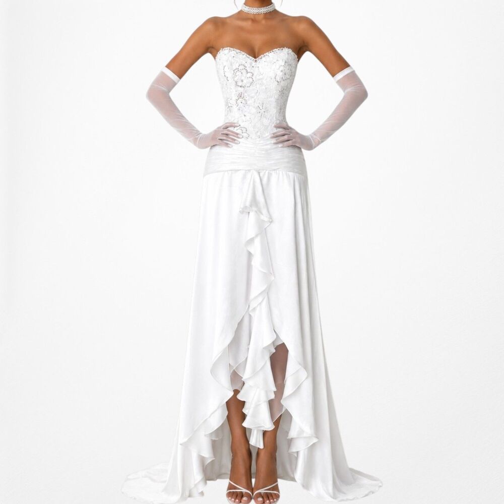 Vintage Y2K White Strapless Floral Beaded Ruffle High Low Maxi Prom Dress Size S
